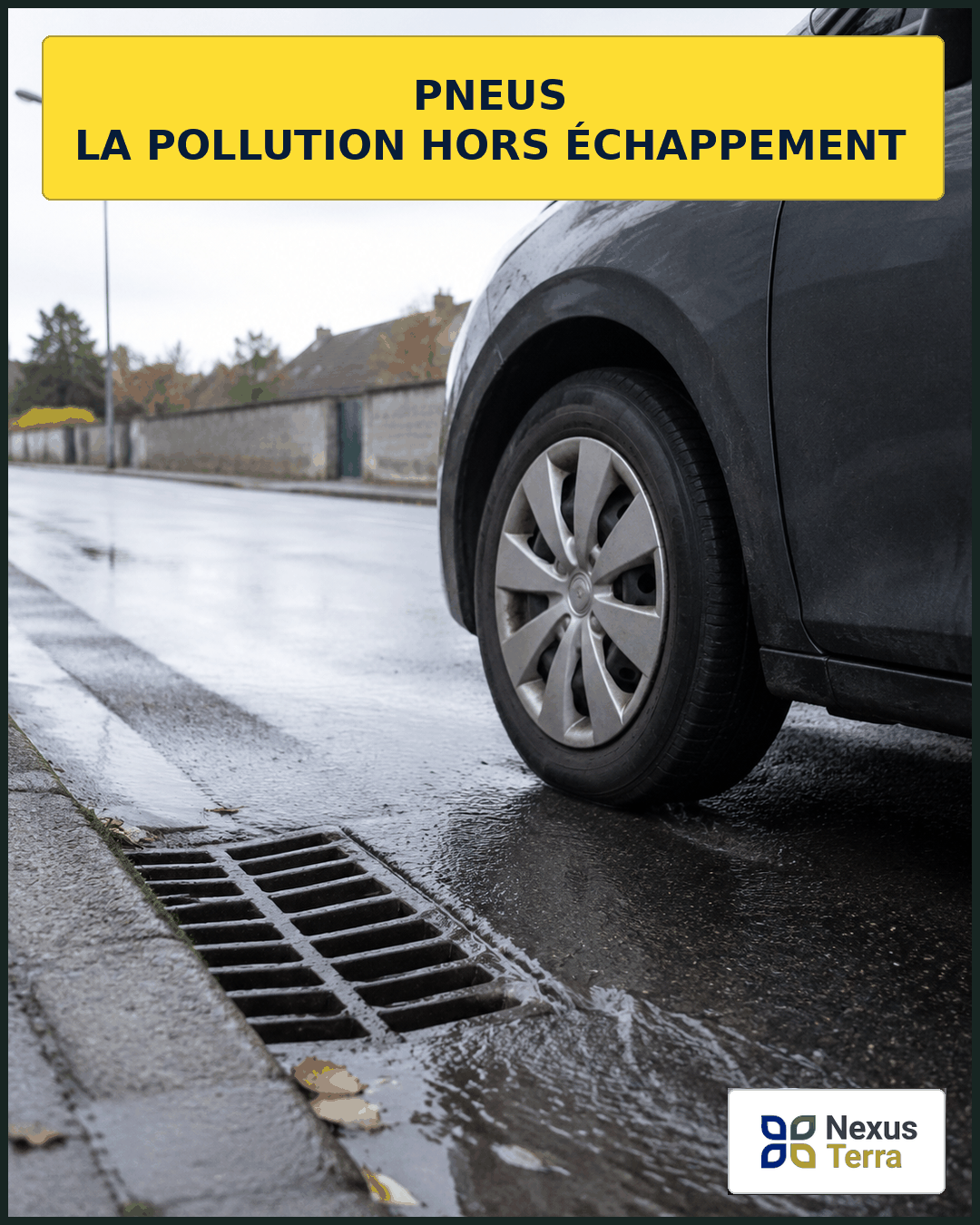 Une roue roule sur une chaussée humide dont les eaux s'écoulent vers un avaloir, illustrant le transfert des particules de pneus.